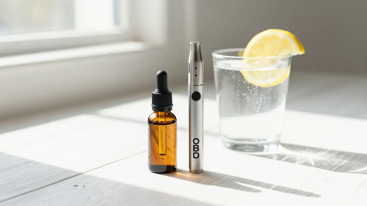 Kombinace CBD oleje a vaperu s glasses vody na světlém stole v ranním světle.