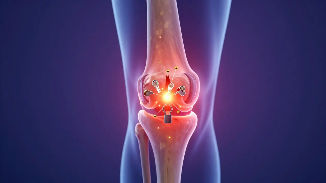 Koncepční vizualizace CBG molekul působících na zánětlivé receptory v kloubu.