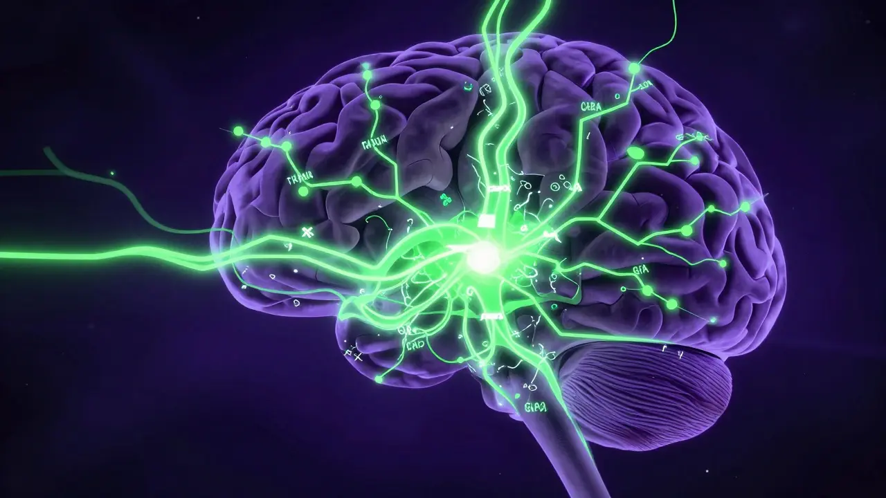 Konceptuální ilustrace neuronů v mozku s elektrickými impulzy v zelené barvě.