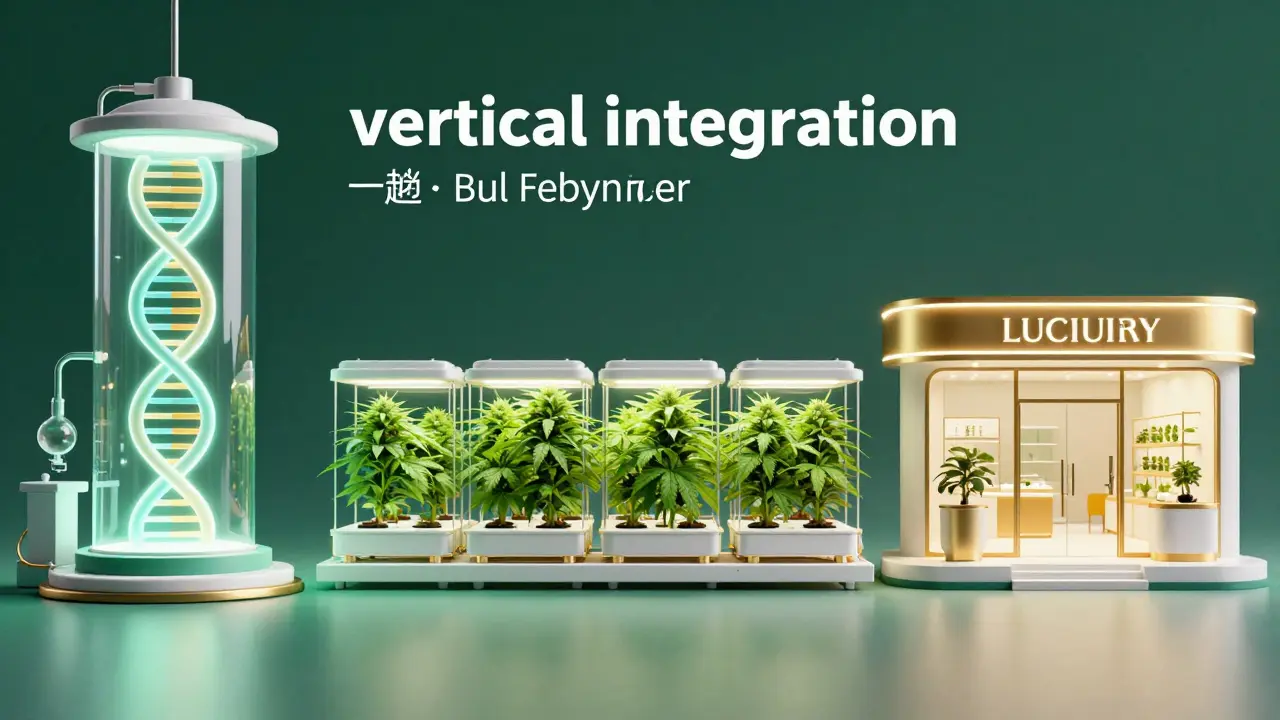 Konceptuální ilustrace procesu od genetiky přes pěstování až po prodej.