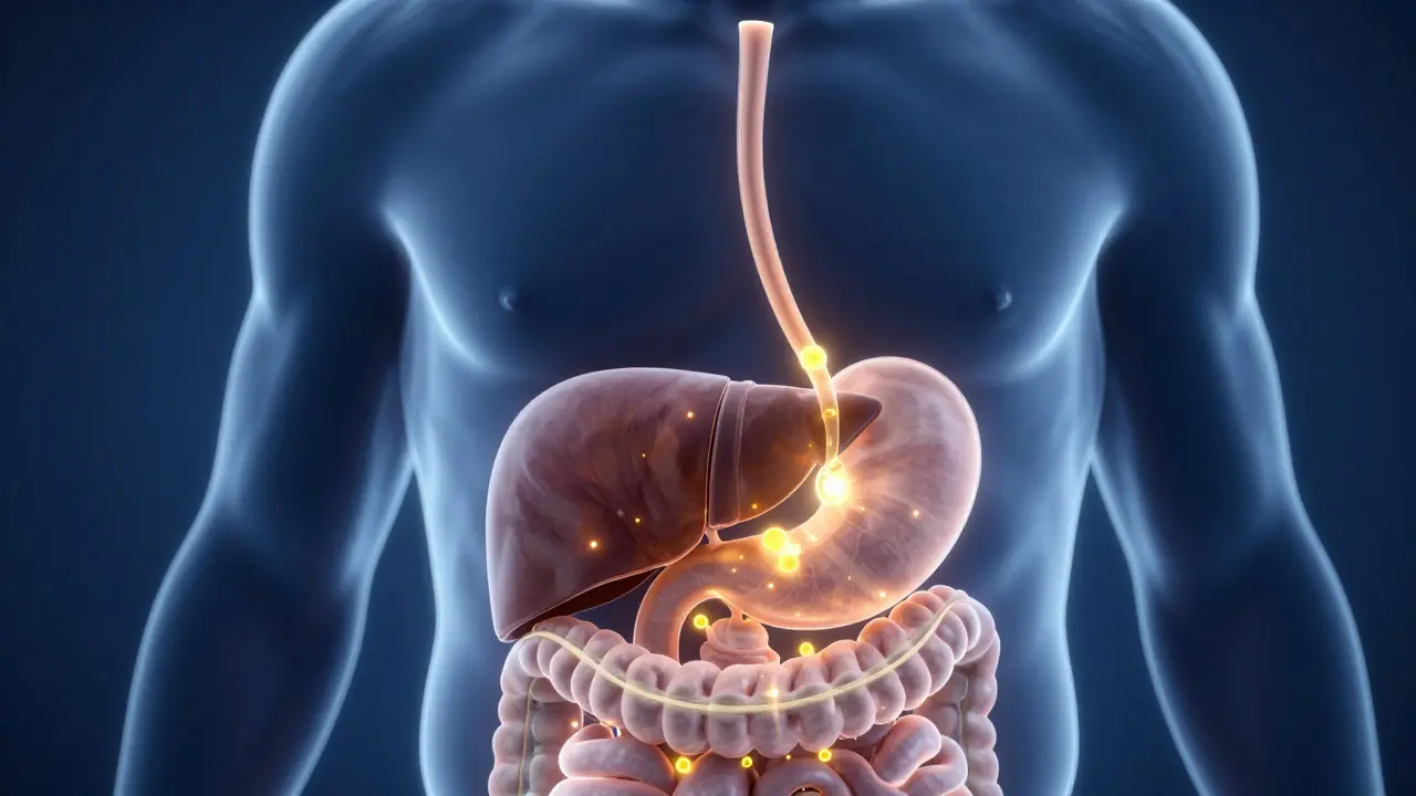 Konceptuální ilustrace vstřebávání CBD v trávicím traktu a játrech.