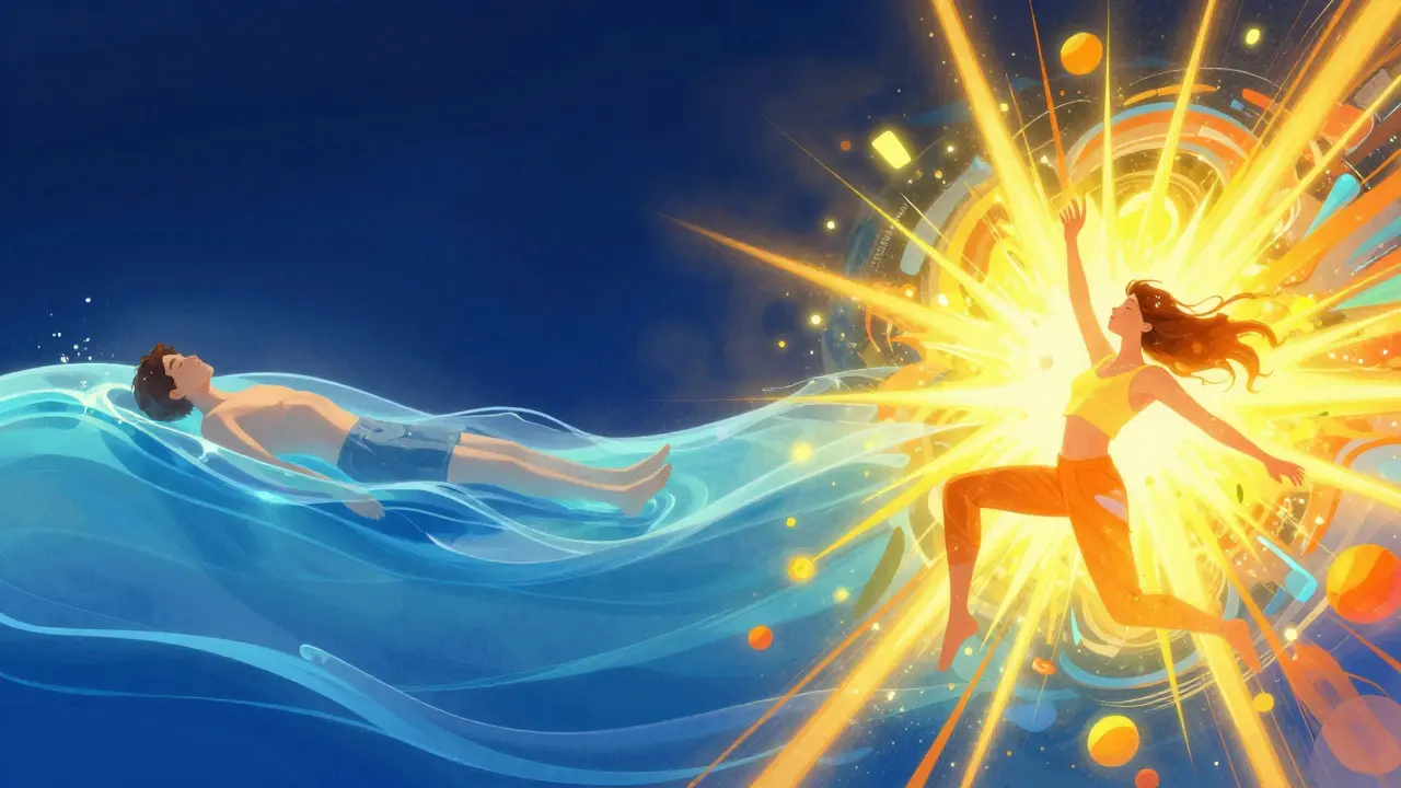 Konceptuální obraz znázorňující kontrast mezi relaxací Delta 8 a energií Sativy.