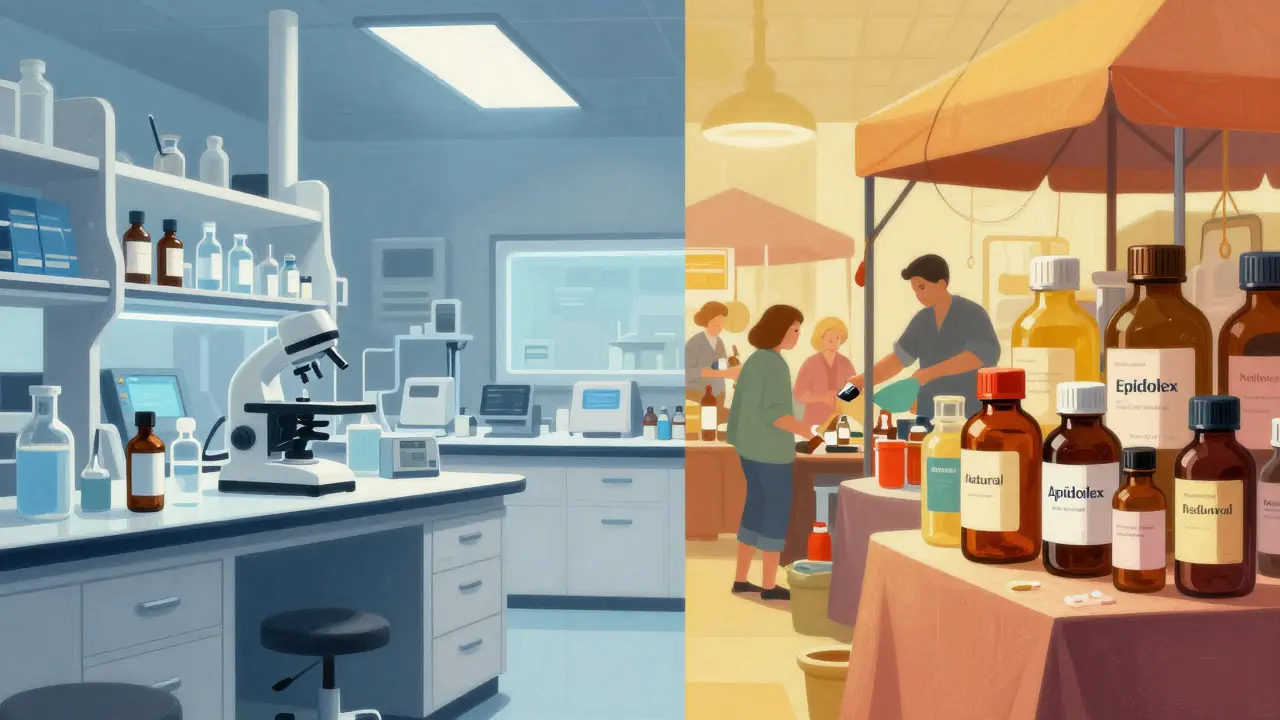 Konceptuální srovnání sterilní laboratoře a chaotického trhu s CBD.