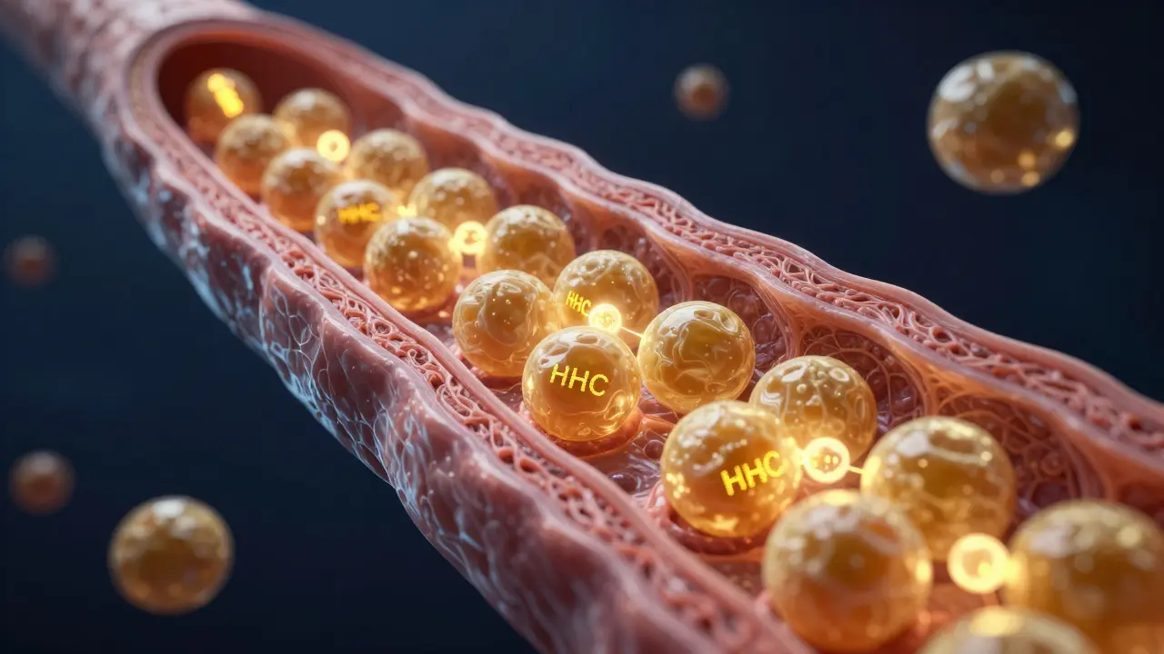 Konceptuální znázornení molekul HHC uložených v tukových buňkách lidského těla.