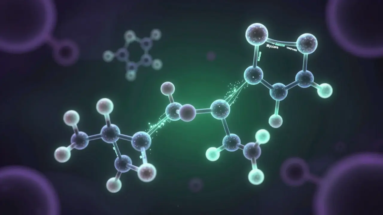 Konceptuální znázornění molekul THC a terpenu myrcen v prostoru.