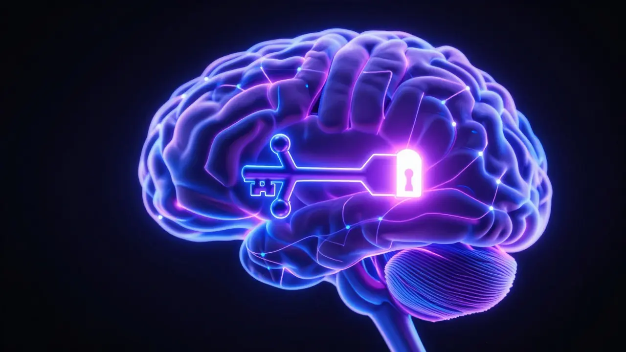 Konceptuální znázornění molekuly HHC-O zapadající do receptoru v mozku.