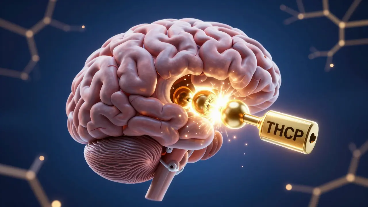 Konceptuální znázornění molekuly THCP zapadající do receptoru v mozku.