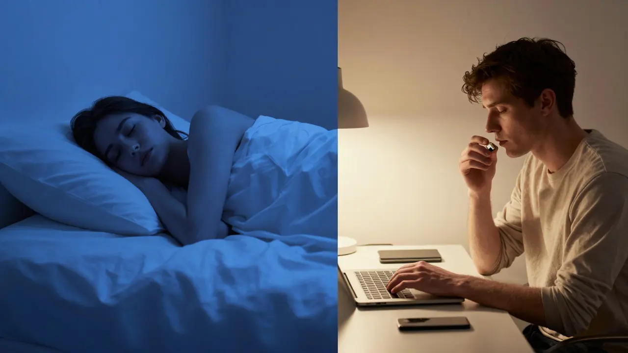 Kontrast mezi hlubokým spánkem a soustředěnou prací u stolu.