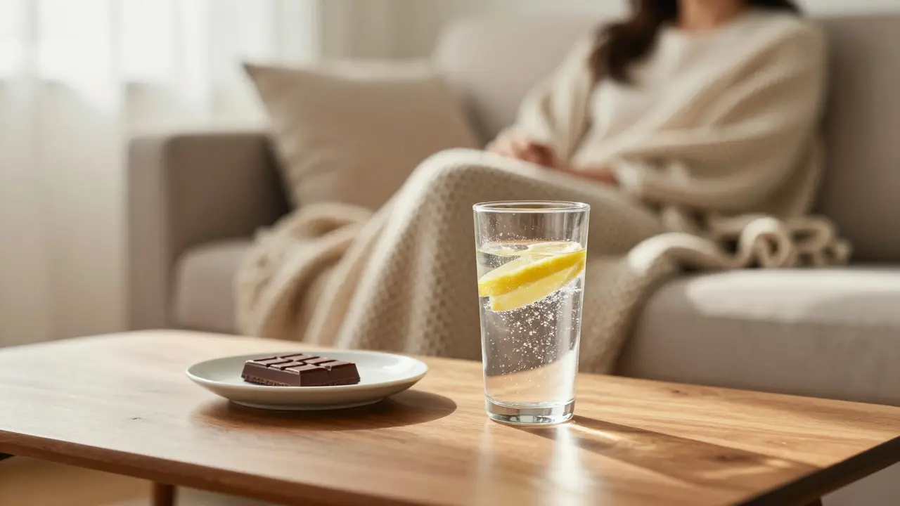 Kousek konopné čokolády a sklenice vody v útulném interiéru.