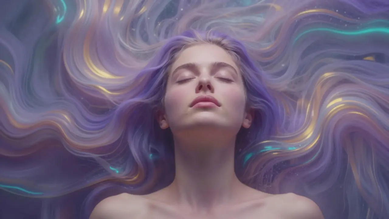 Kresba člověka v stavu hluboké relaxace obklopeného barevnými energetickými vlnami.