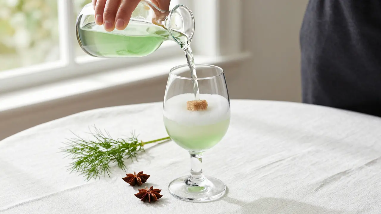 Moderní a čistá příprava absintu s vodou a cukrem na světlém povrchu.