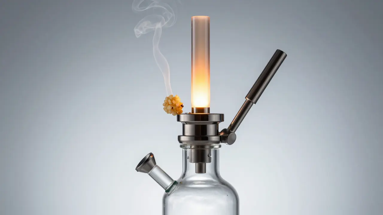 Moderní dab rig s nahřátým hrotem a kapičkou CBD waxu připravenou k použití.