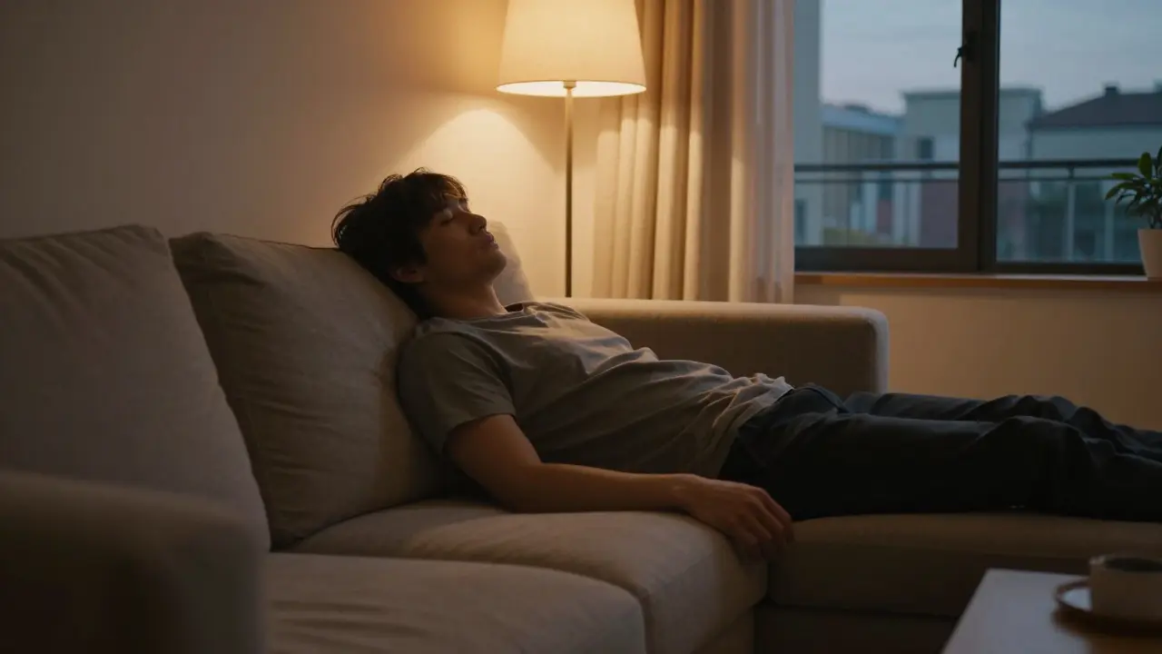 Osoba hluboce relaxovaná v pohovce v útulně osvětleném obývacím pokoji.