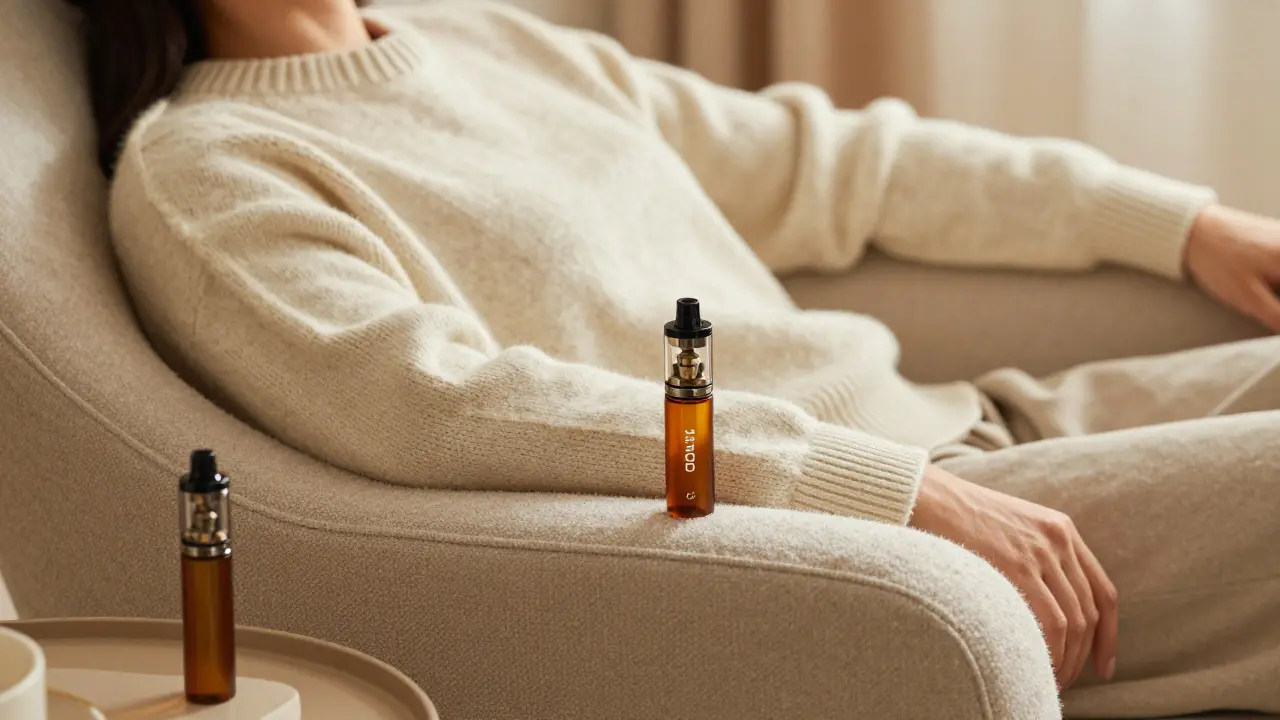 Osoba relaxující v měkkém křesle znázornující hluboké tělesné uvolnění H4CBD.