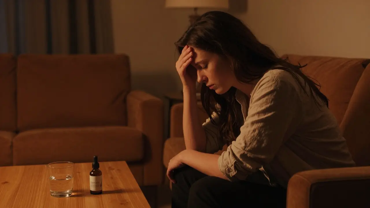 Osoba v poloze úzkosti v tmavém pokoji vedle lahvičky CBD oleje.