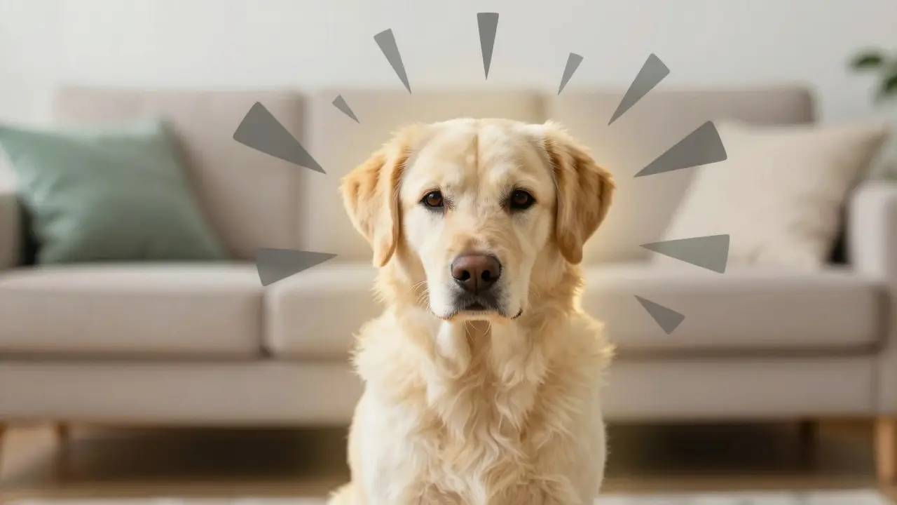 Pes v uklidňující zlaté aure, která ho chrání před stresem.