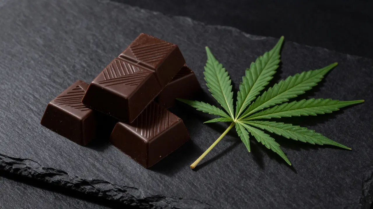 Prémiové konopné čokolády na černém podložce s jedním listem konopí.