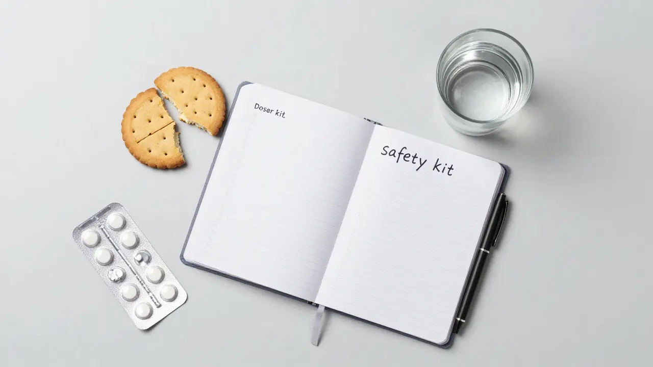 Sada pro bezpečné dávkování CBD: rozdělený cookie, deník a voda.