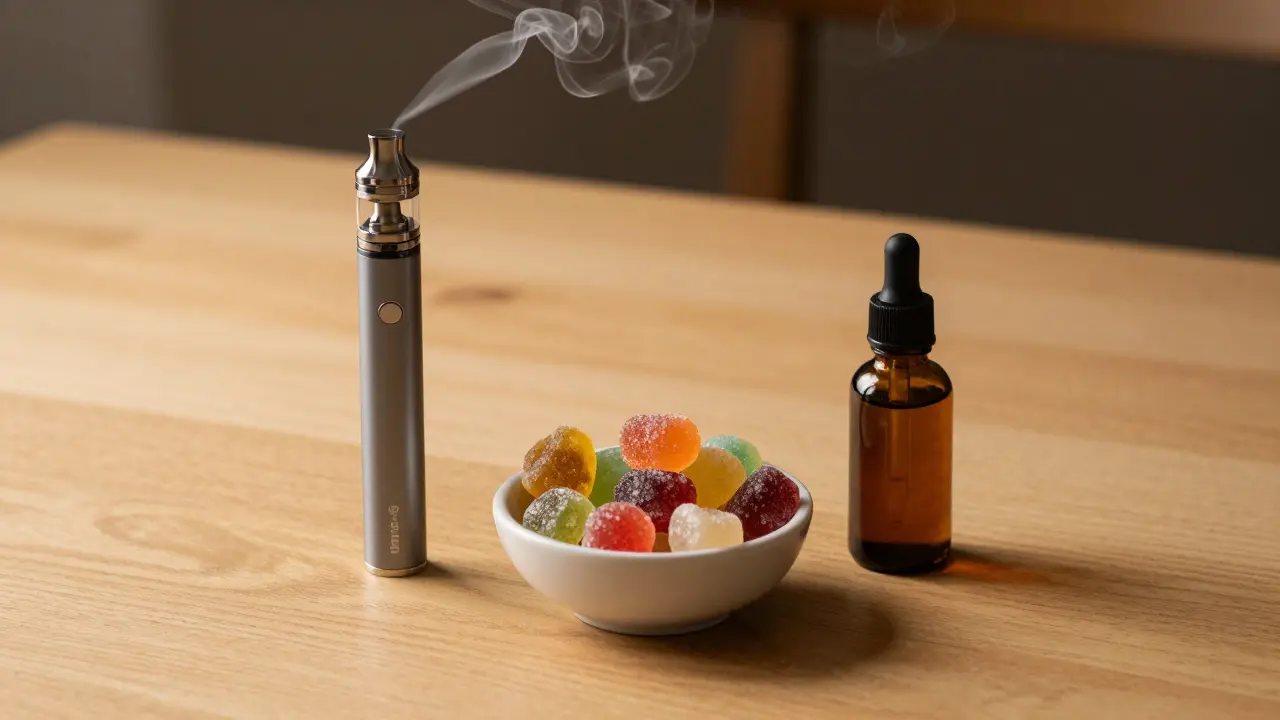 Sada produktů Delta-8: vape pen, barevné žvýkací bonbony a tinktura na dřevě.