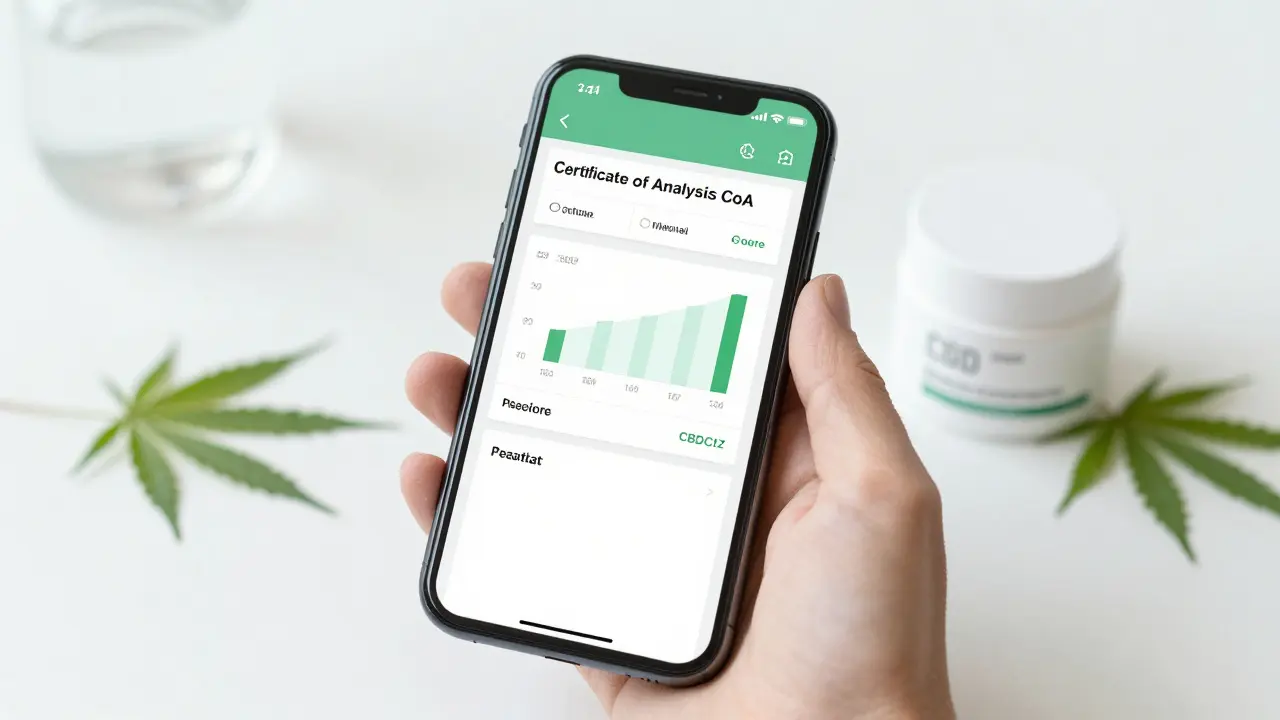 Smartphone zobrazující certifikát analýzy CoA vedle CBD kosmetiky.