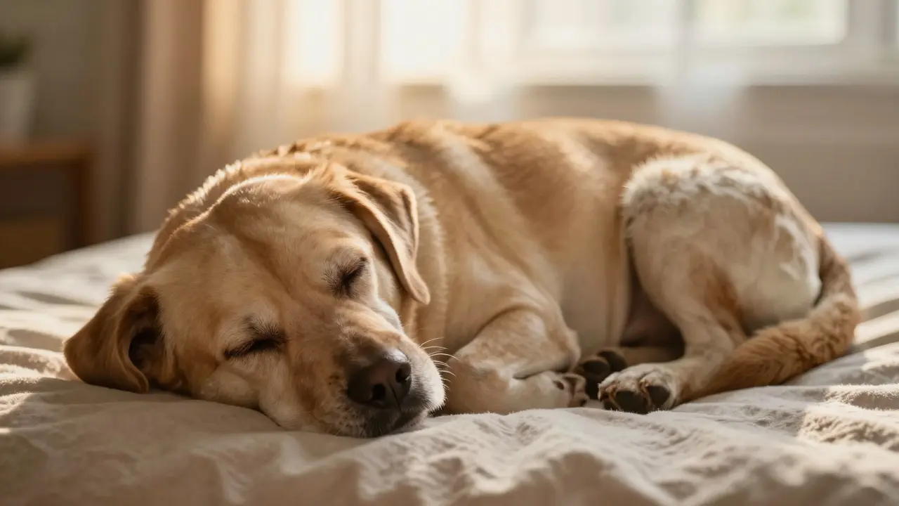 Starý pes hluboký a klidný spánek na měkkém pelíšku v teplém světle.