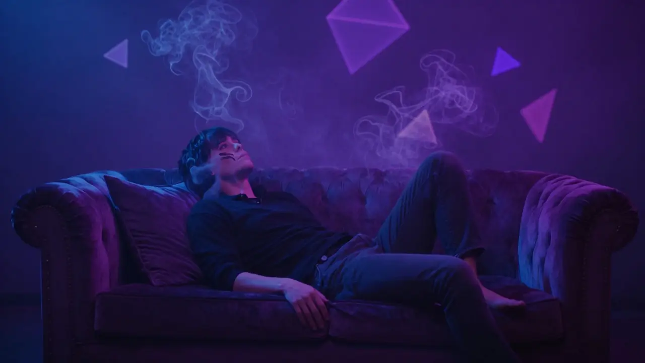 Surreální scéna s neonovým osvětlením znázornující silný psychoaktivní účinek THC.