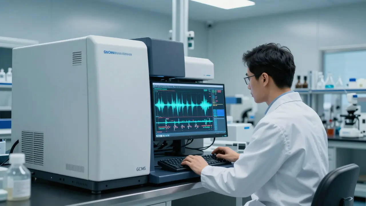 Vědec v laboratoři analyzuje výsledky přesného GC-MS testu na monitoru počítače.