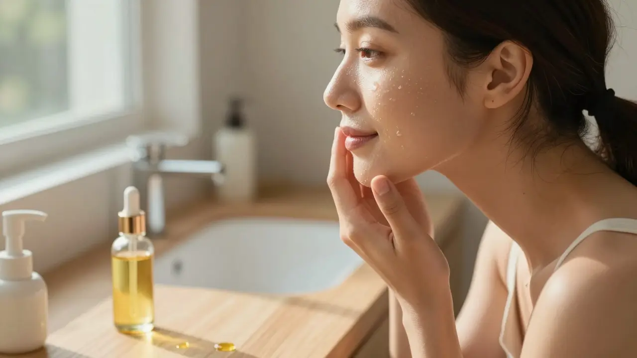 Žena nanášející pleťové sérum v koupelně v ranním světle