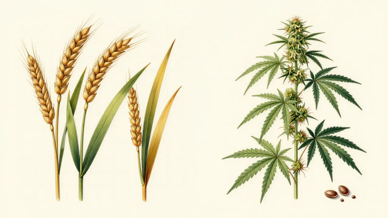Botanická ilustrace rozdílů mezi pšenicí a konopnou rostlinou