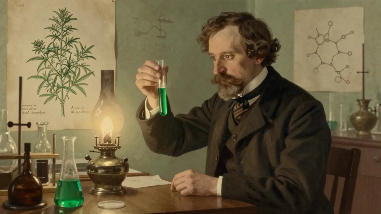 Historická ilustrace vědce zkoumajícího absint v laboratoři