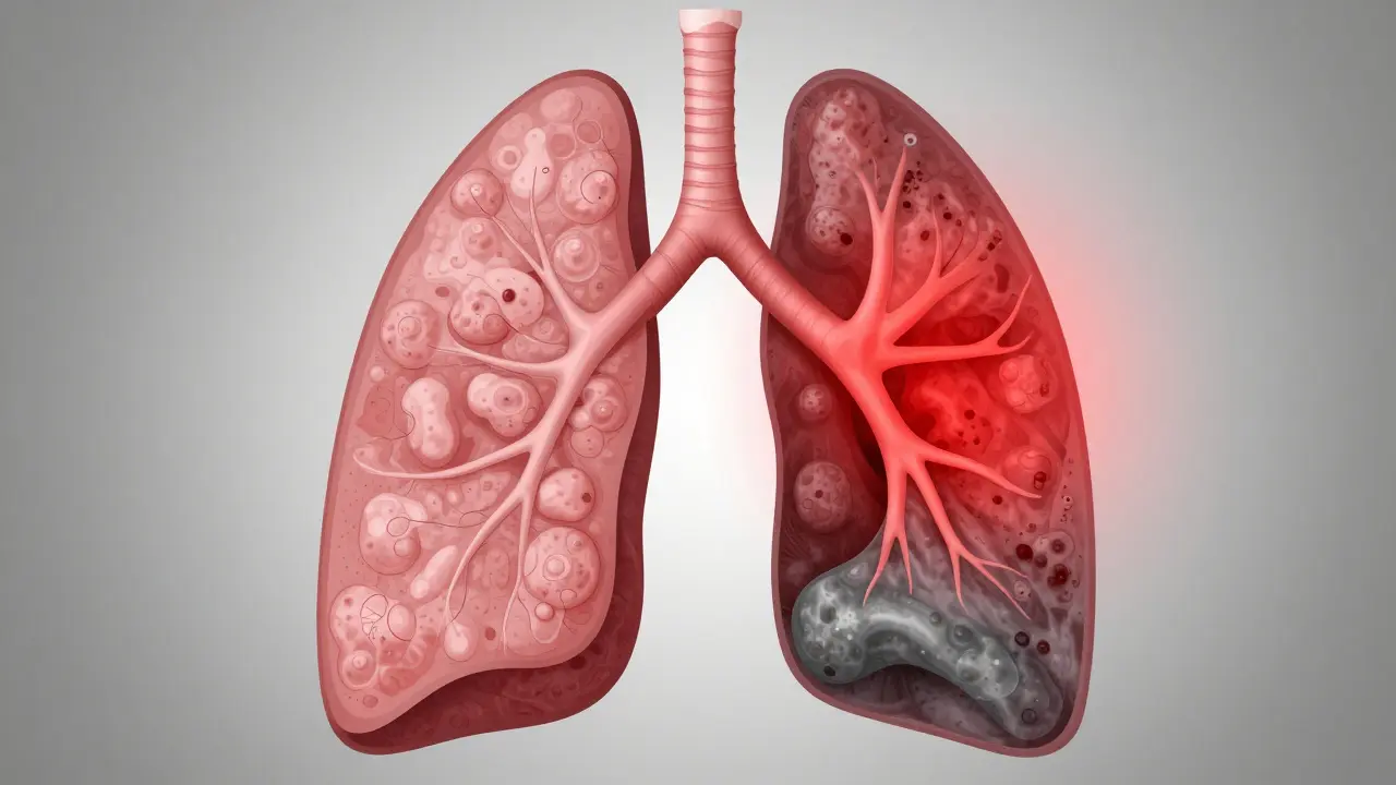 Ilustrace plic ukazující zánět a jizvení tkáně při COPD