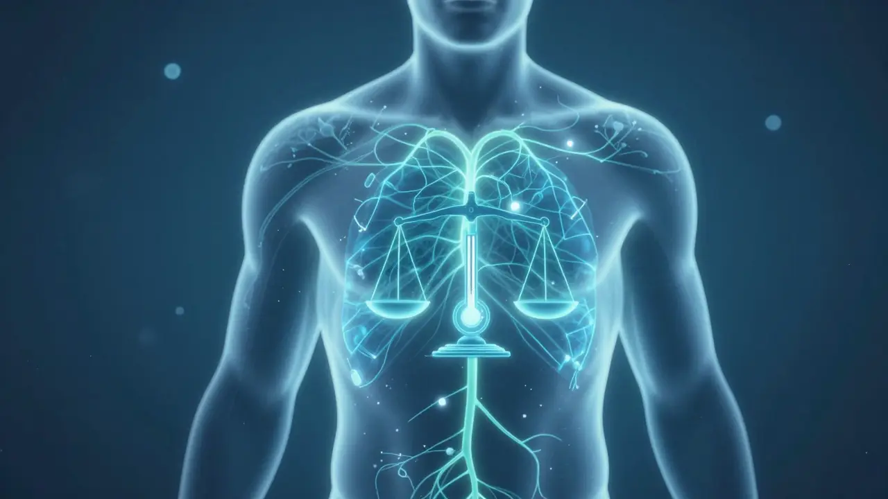 Konceptuální ilustrace endokanabinoidního systému jako biologického termostatu