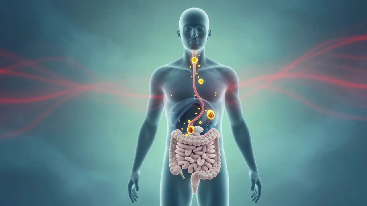 Konceptuální ilustrace ukazující pomalou absorpci CBD v lidském těle