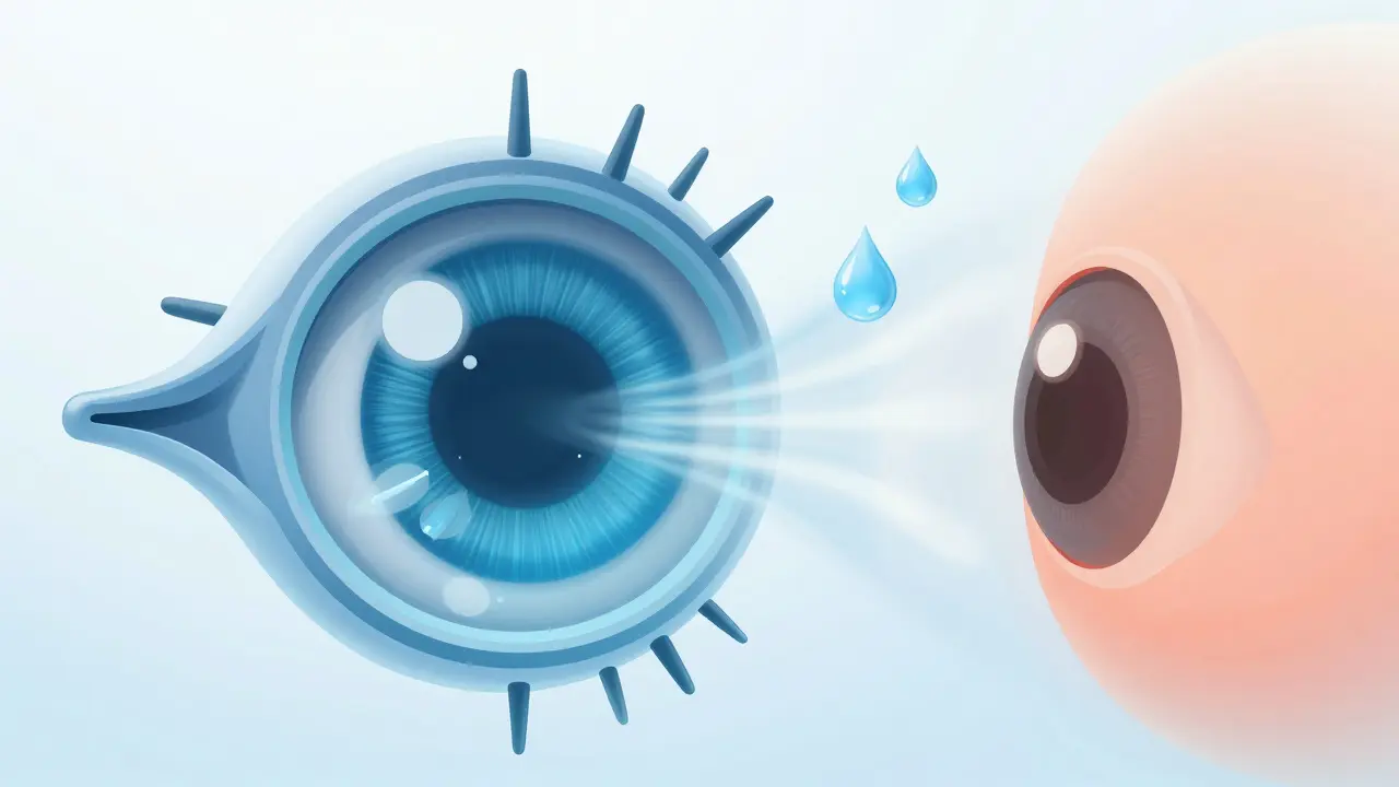 Konceptuální ilustrace vysychání slzného filmu v oku