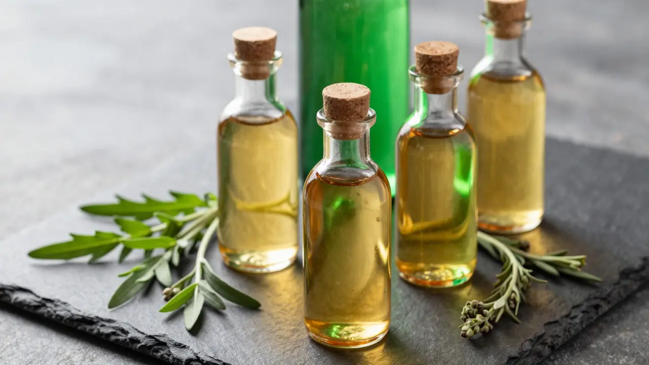 Lahev s přírodním jantarovým absintem a čerstvý šalvěj na tmavém podkladu
