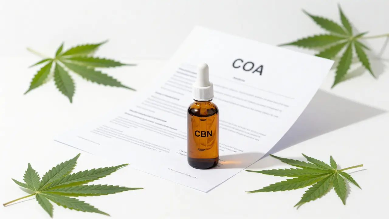 Lahvička CBN oleje vedle certifikátu analýzy a konopných listů
