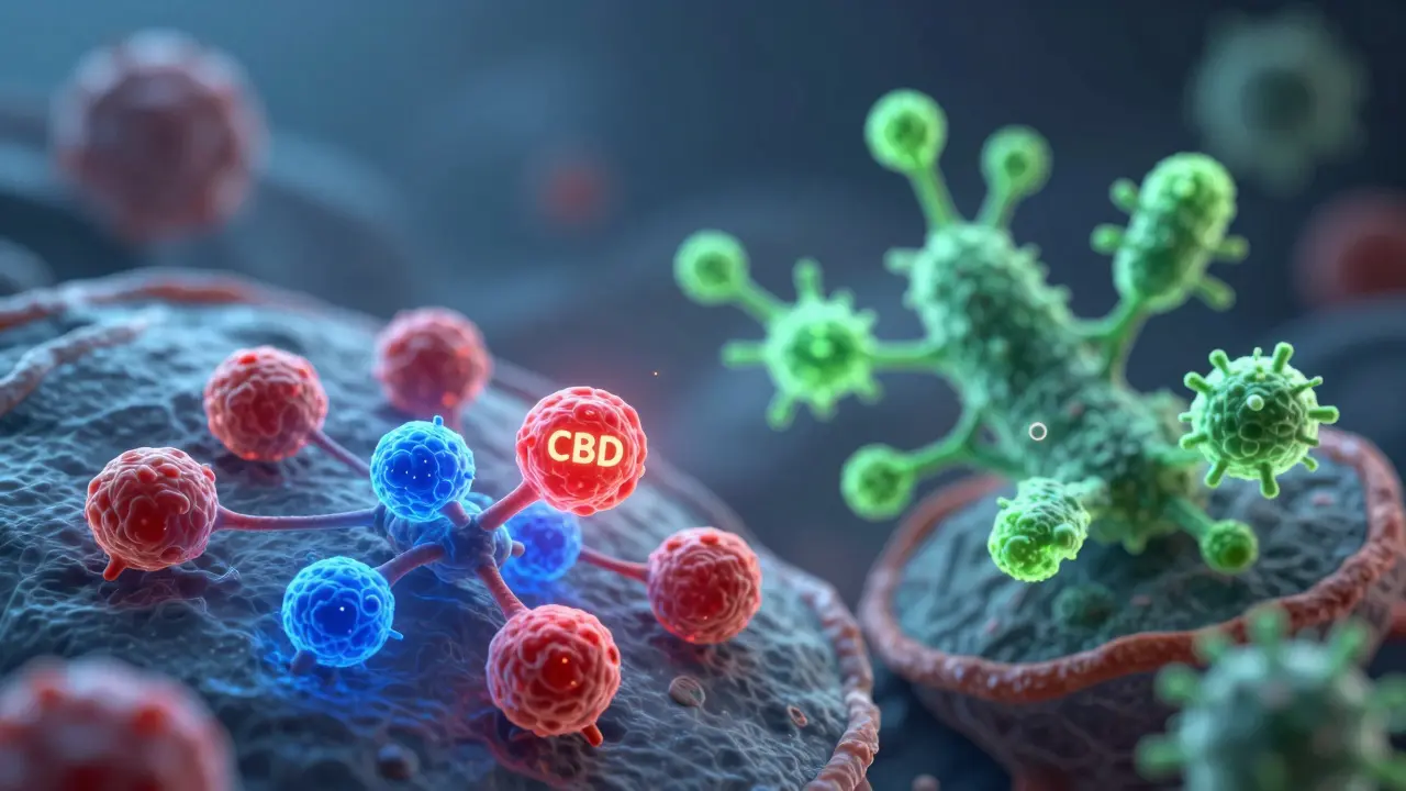 Mikroskopický pohled na molekuly CBD a CBG působící na buňky