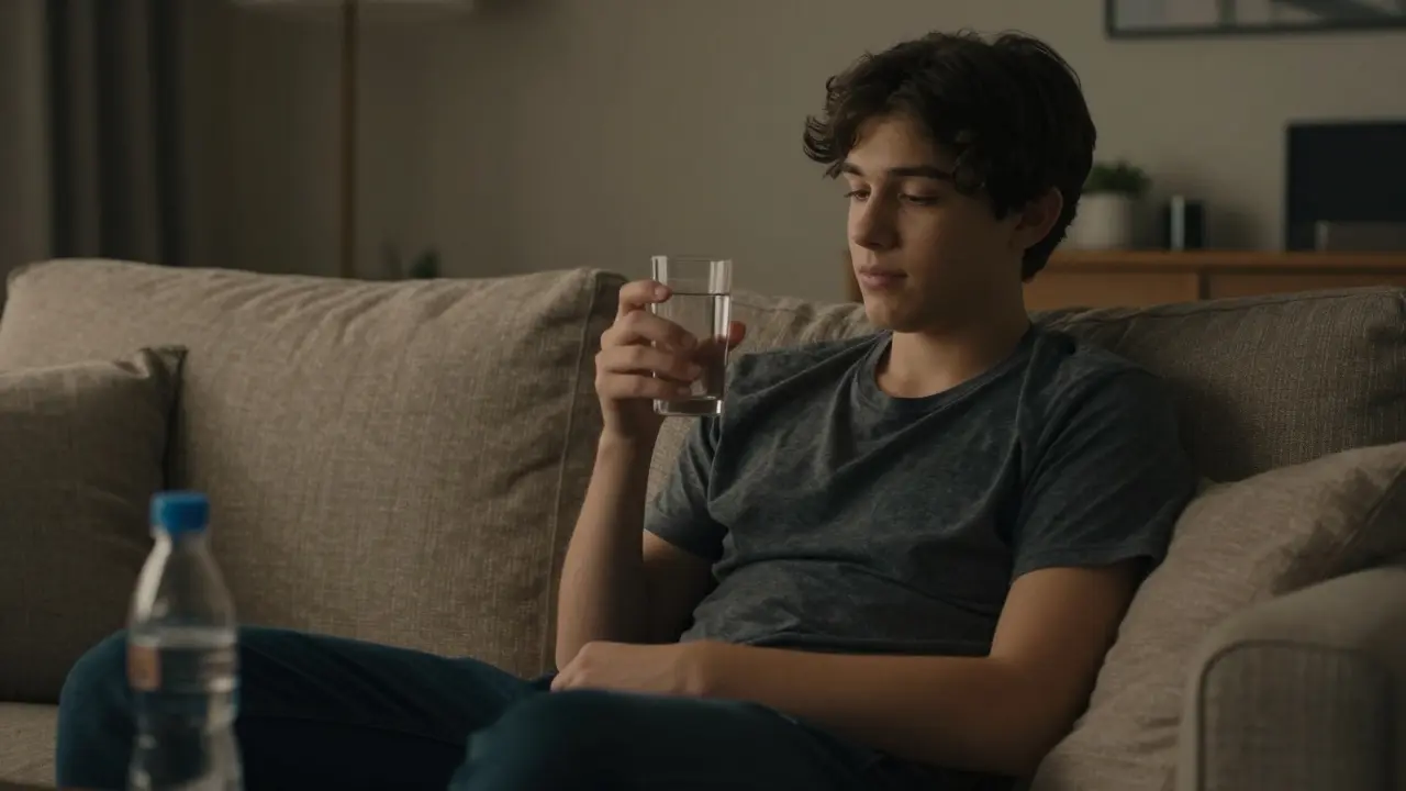 Person relaxing on sofa drinking water in cozy dim room