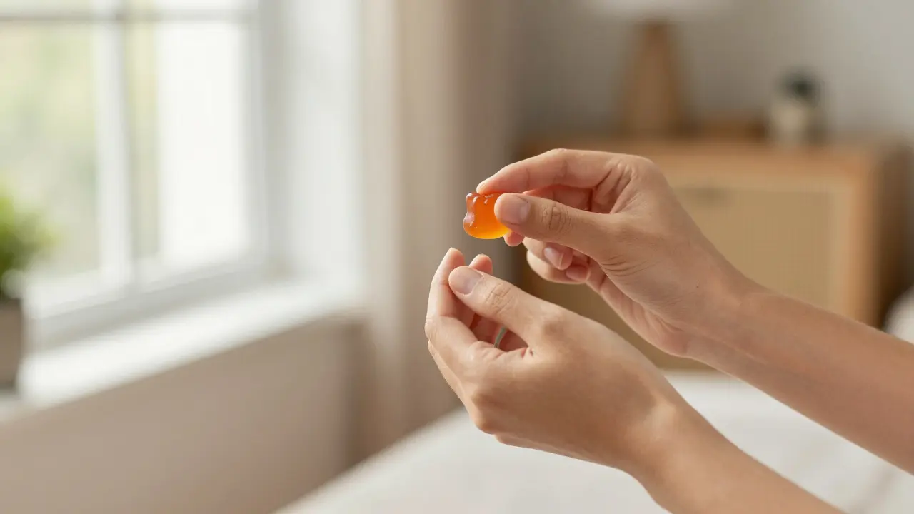Ruka držící CBD gummy u okna v klidném domácím prostředí