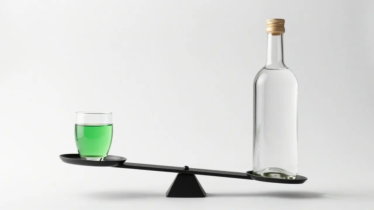 Váhy ukazující větší riziko alkoholu než thujonu v absintu
