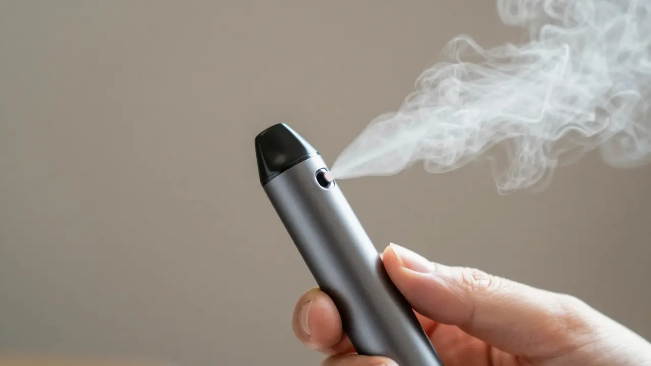 Záběr na HHC vape pen s vizualizací páry při vdechnutí do úst