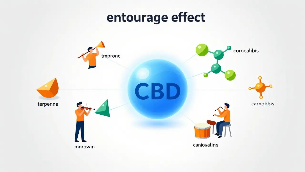 Abstraktní ilustrace entourage efektu s CBD a terpény jako orchestr