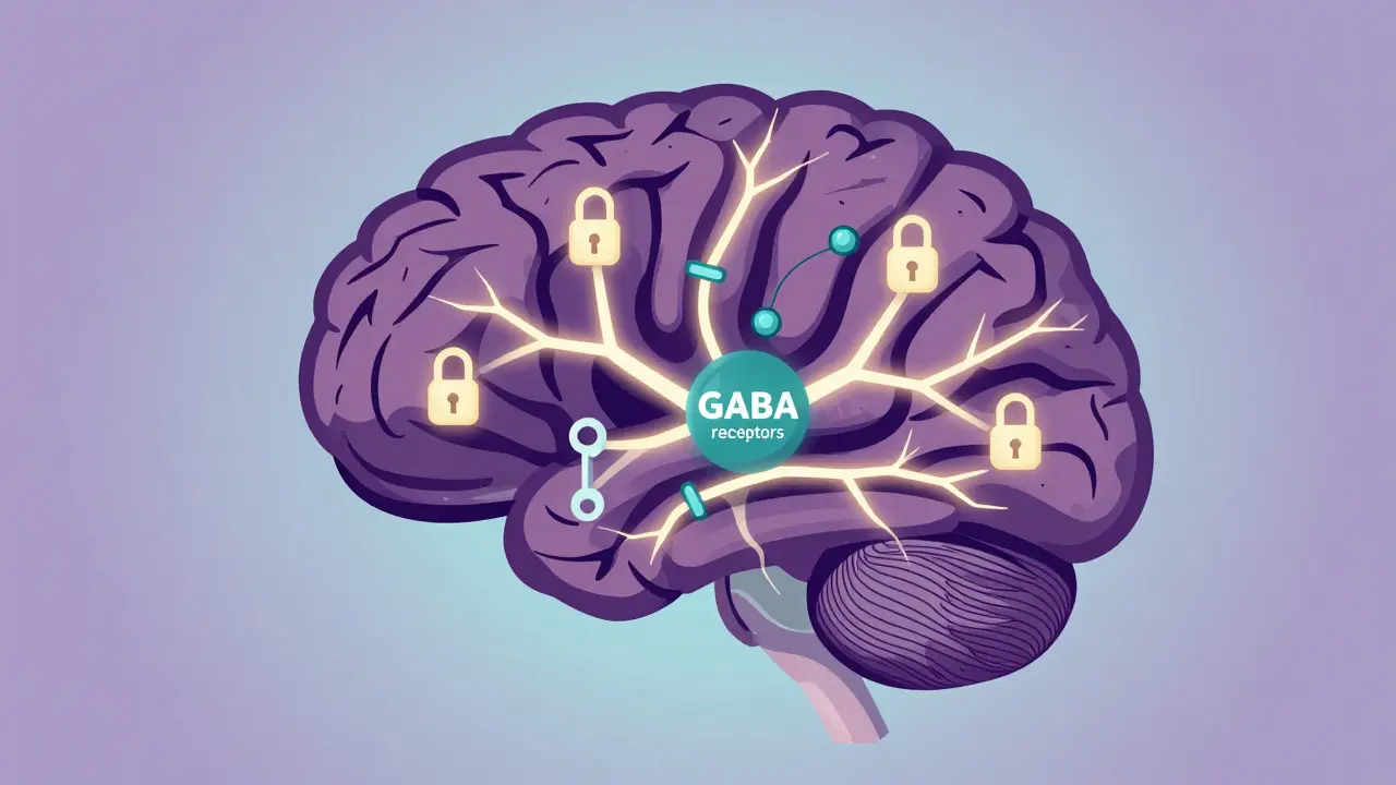 Ilustrace mozku s neurony ukazující účinek benzodiazepinů