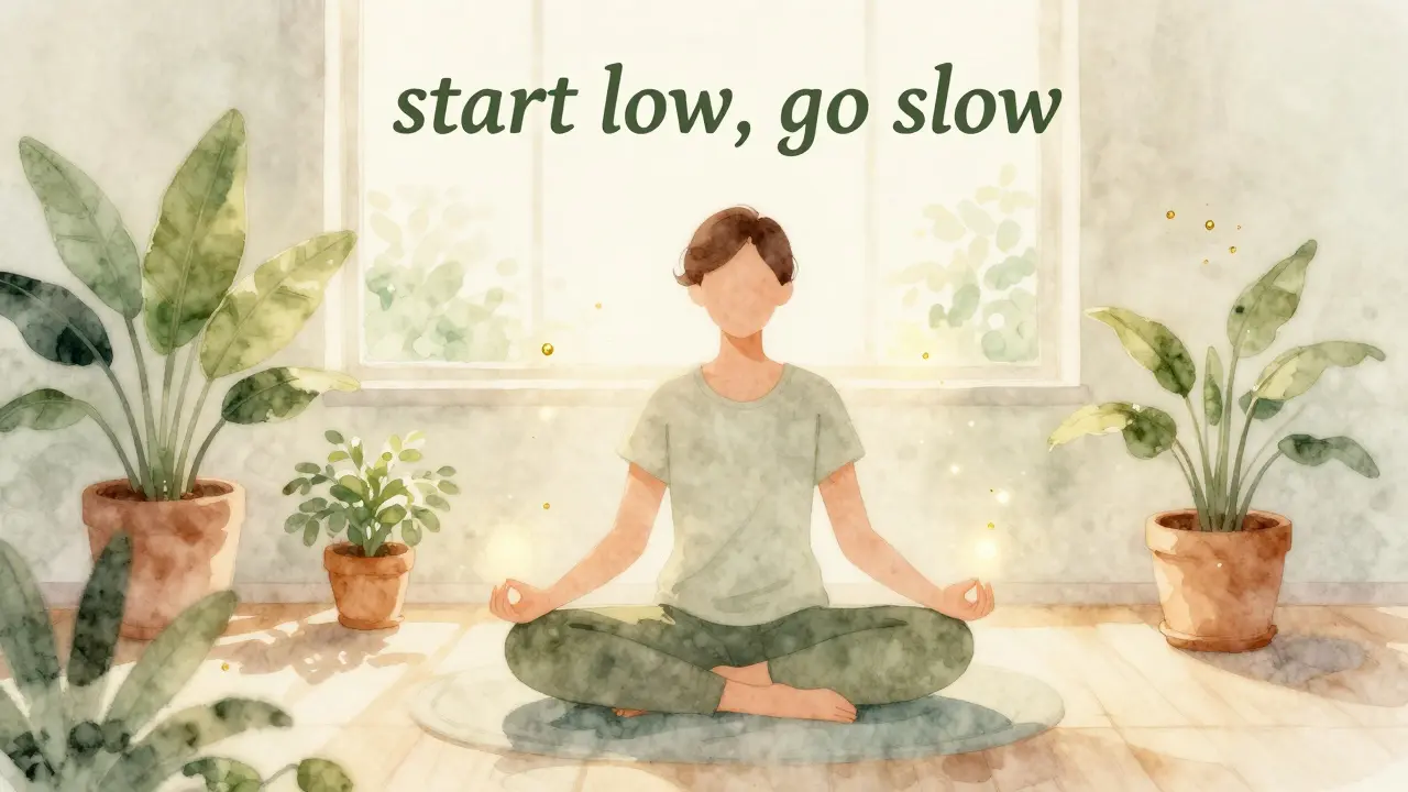 Klidná osoba v meditaci obklopená jemným zlatým světlem symbolizujícím rovnováhu