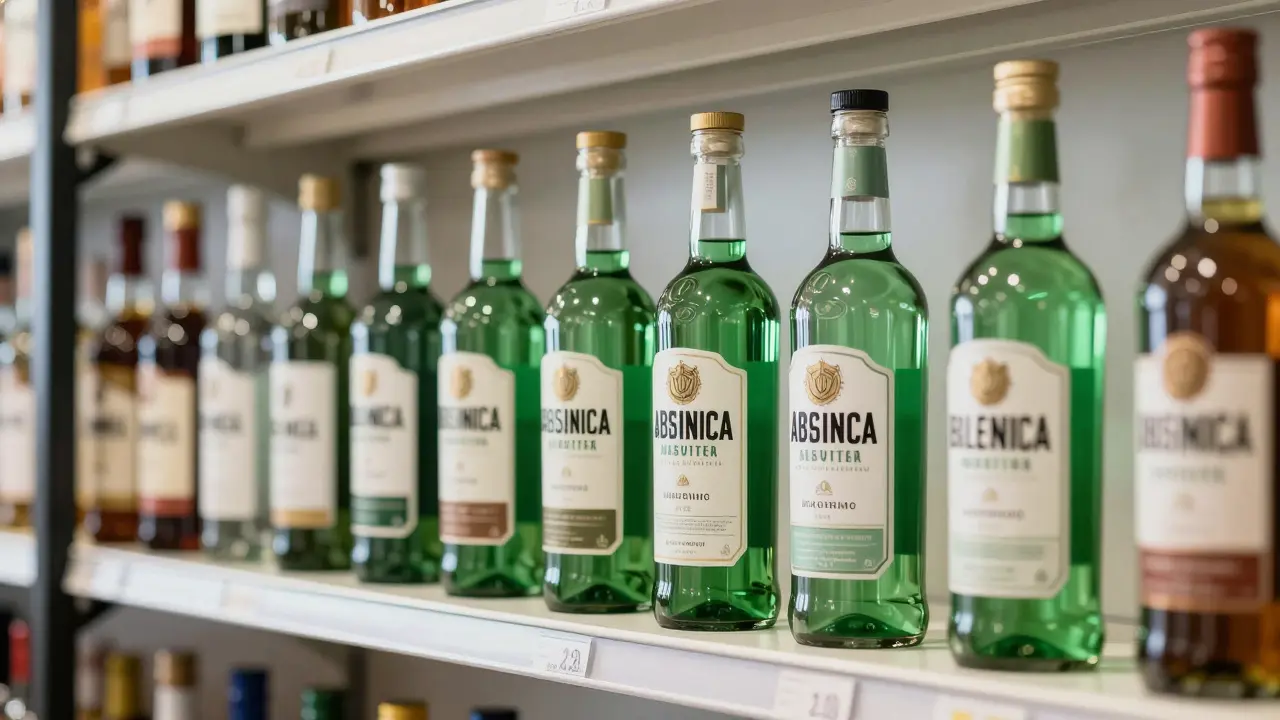 Lahev kvalitní absinty na polici moderního obchodu s alkoholem