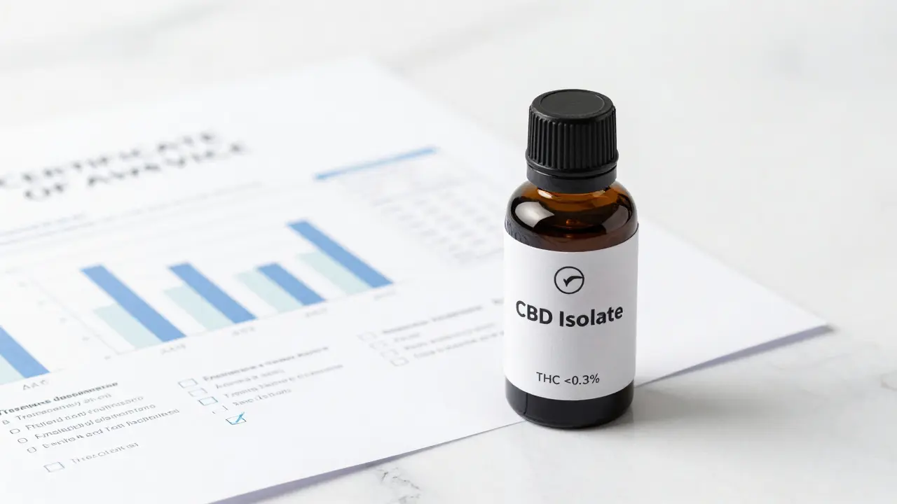 Lahev s CBD doplňkem vedle certifikátu kvality