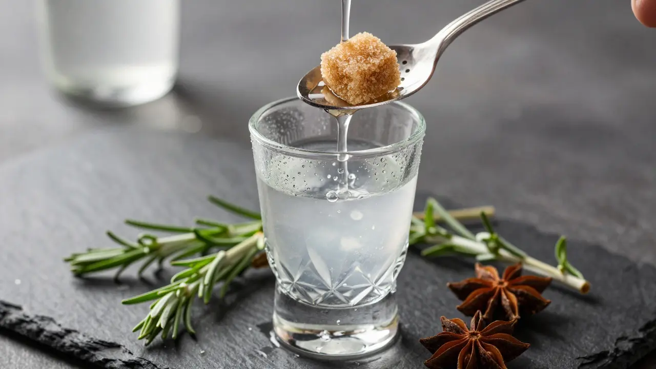 Makro záběr na francouzskou metodu servírování absintu s cukrem
