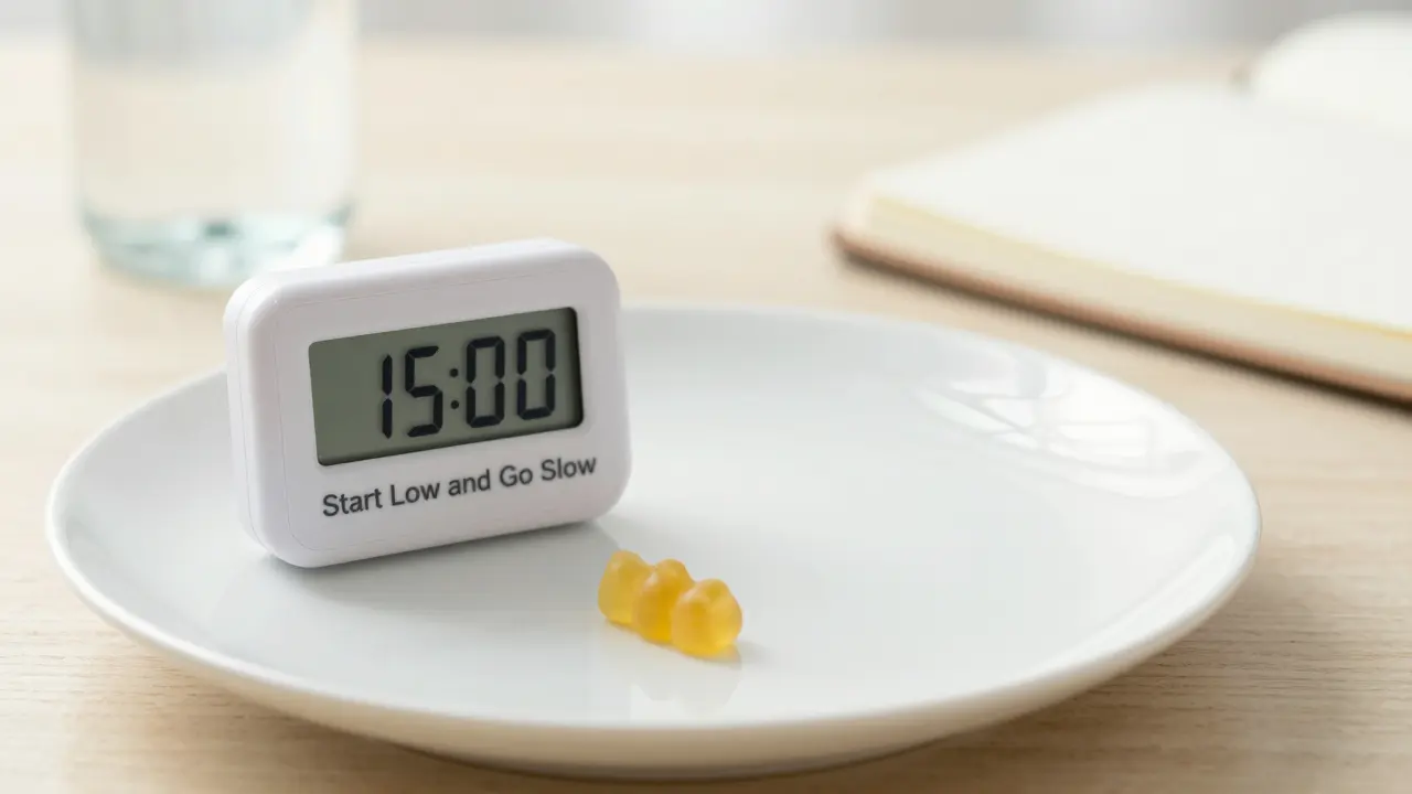 Malá dávka gummy medvídků vedle časovače pro bezpečné dávkování