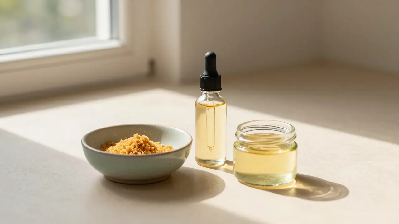 Minimalistické uspořádání CBD crumble, oleje a kapátka při přirozeném světle