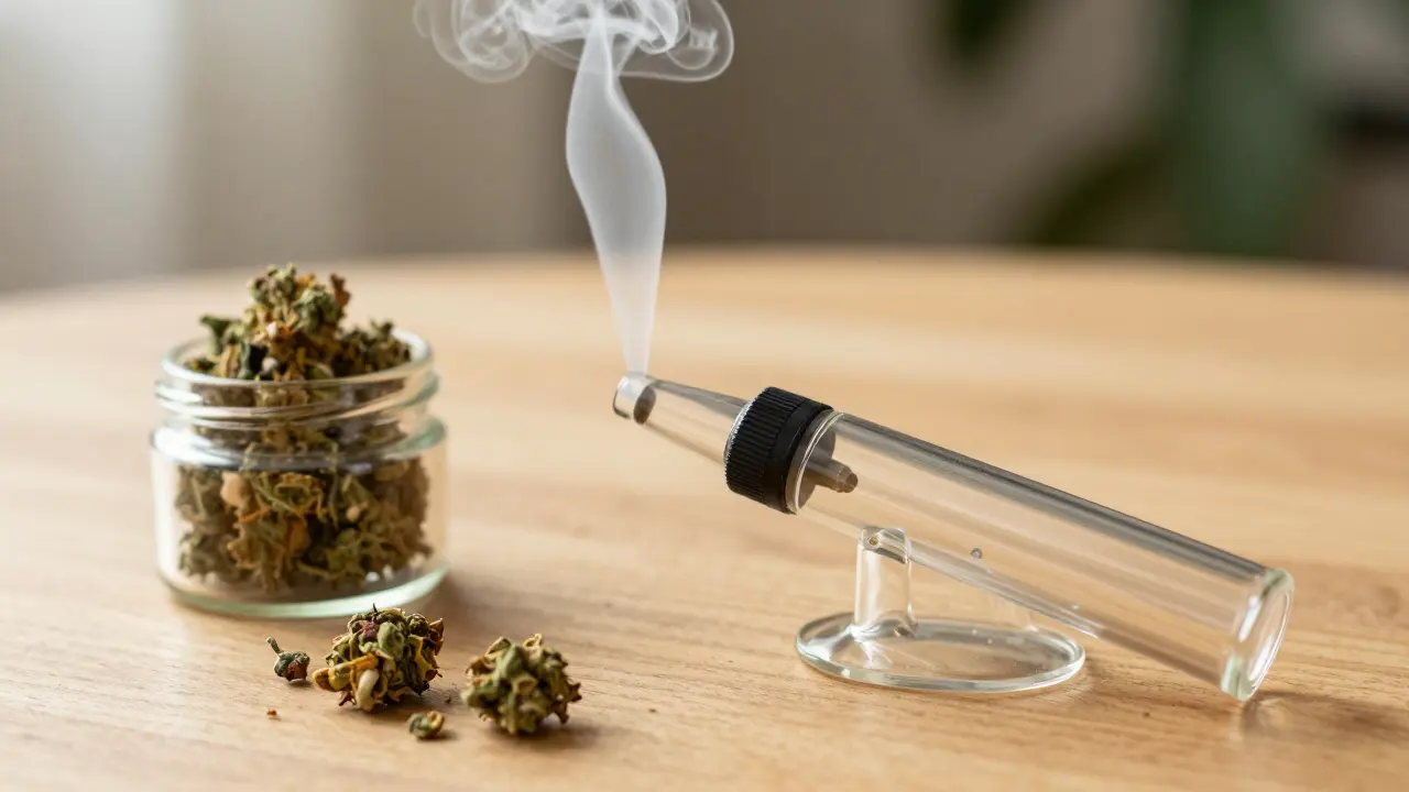 Parovač s CBD květy a jemnou párou na dřevěném stole